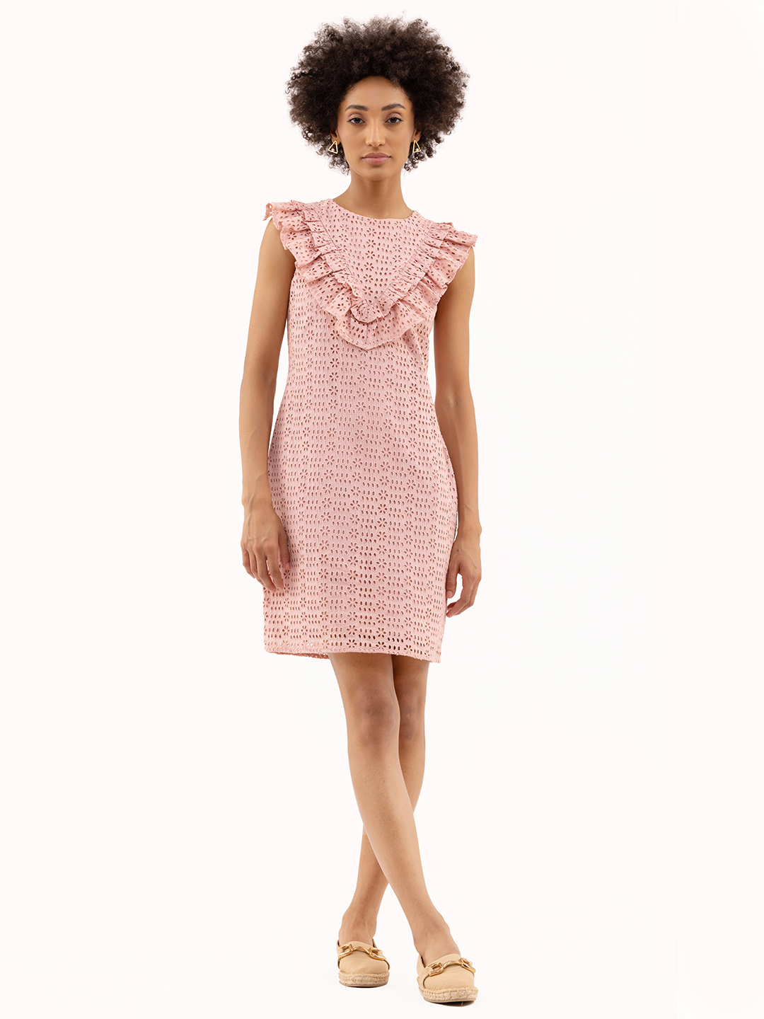Preety Ruffle Schiffli Dress Light Pink - Front